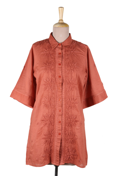 Embroidered cotton long shirt, 'Festive Terracotta' - Embroidered Floral Terracotta Cotton Shirt