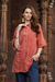 Embroidered cotton long shirt, 'Festive Terracotta' - Embroidered Floral Terracotta Cotton Shirt (image 2b) thumbail