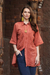 Embroidered cotton long shirt, 'Festive Terracotta' - Embroidered Floral Terracotta Cotton Shirt (image 2c) thumbail