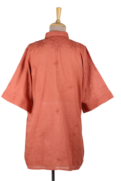Embroidered cotton long shirt, 'Festive Terracotta' - Embroidered Floral Terracotta Cotton Shirt