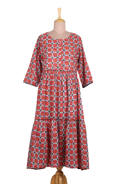 Cotton print dress, 'Modern Tradition' - Tiered Modern Floral Pattern Cotton Dress