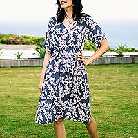 Screen Print Blue and White Cotton Dress,'Fanciful Leaves'