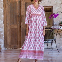 Vestido largo de algodón - Vestido largo de algodón con estampado floral rosa