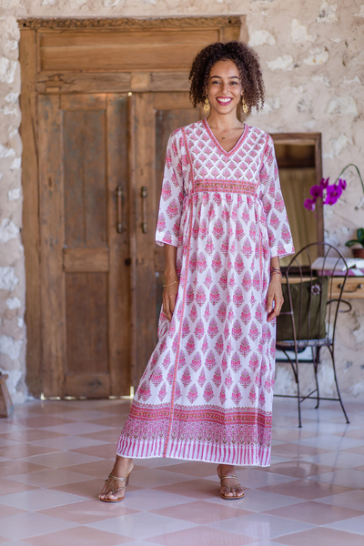 Vestido largo de algodón - Vestido largo de algodón con estampado floral rosa