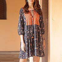 Screen Printed Floral Cotton Babydoll Short Dress from India,'Floral Surprise'