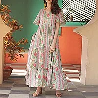 Maxikleid aus Baumwolle, „Floral Symphony“ – Maxikleid aus Baumwolle mit Flatterärmeln aus Indien