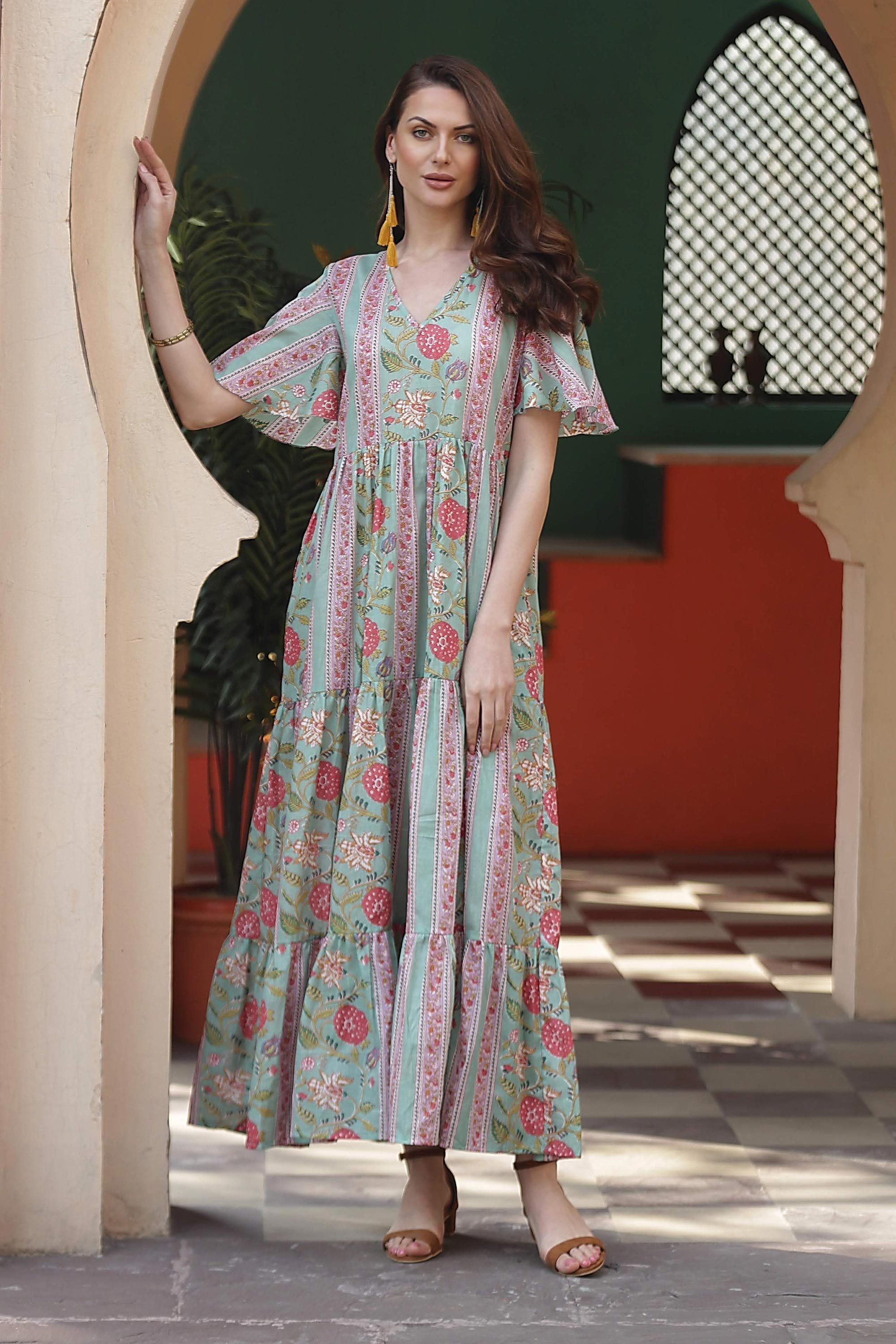 Flutter Sleeve Cotton Maxi Dress from India Floral Symphony