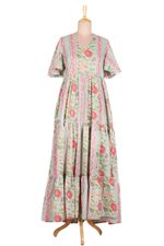 Cotton maxi dress, 'Floral Symphony' - Flutter Sleeve Cotton Maxi Dress from India