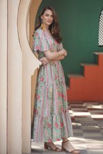 Cotton maxi dress, 'Floral Symphony' - Flutter Sleeve Cotton Maxi Dress from India