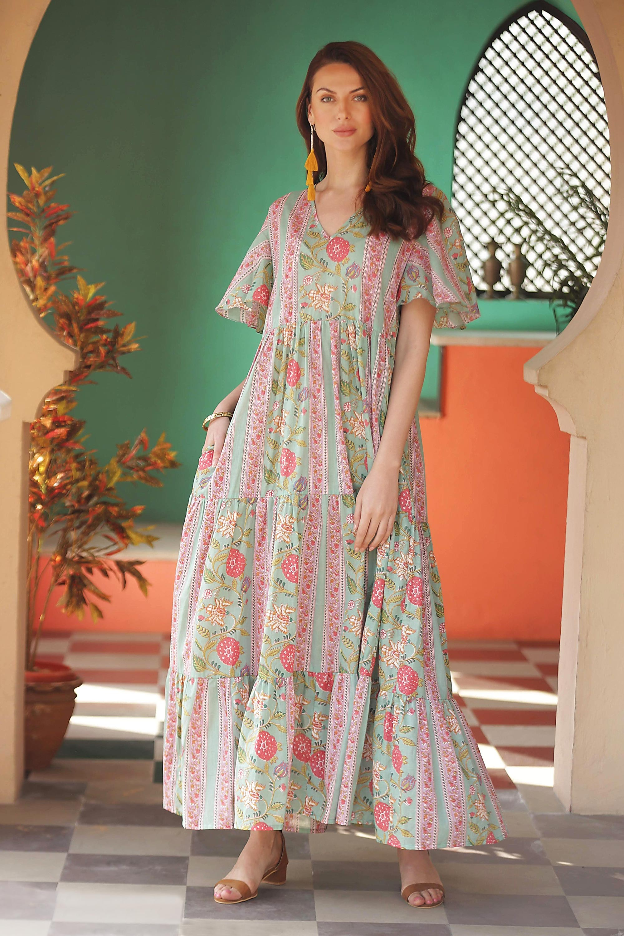 UNICEF Market | Flutter Sleeve Cotton Maxi Dress from India - Floral ...