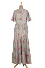 Cotton maxi dress, 'Floral Symphony' - Flutter Sleeve Cotton Maxi Dress from India