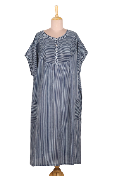 Dark and Light Blue Striped Cotton Caftan Dress