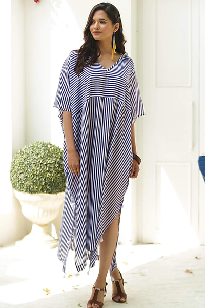 Cotton caftan dress, 'Delhi Stripe' - Relaxed Striped Cotton Caftan Dress