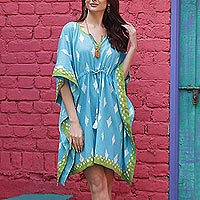 Printed cotton caftan, 'Diamonds Are Forever' - Screen Printed Turquoise Cotton Caftan from India