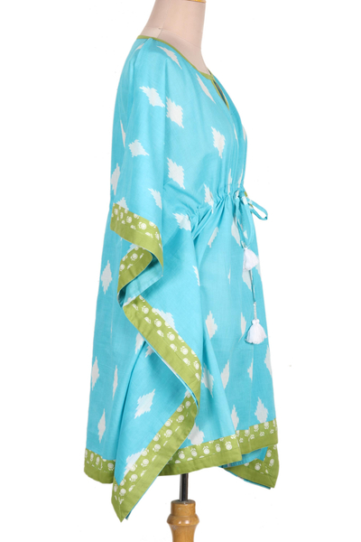 Printed cotton caftan, 'Diamonds Are Forever' - Screen Printed Turquoise Cotton Caftan from India