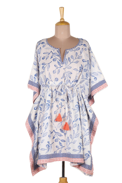 Printed cotton caftan, 'Breezy Leaves' - Hand Made Leaf-Themed Drawstring Cotton Caftan