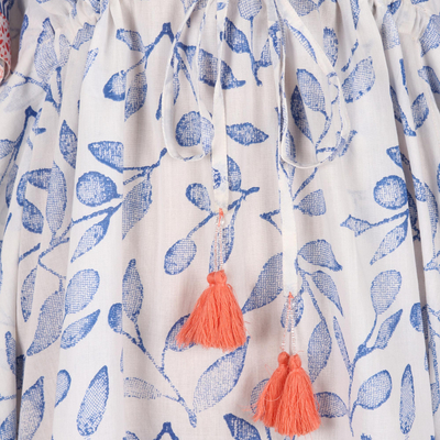 Printed cotton caftan, 'Breezy Leaves' - Hand Made Leaf-Themed Drawstring Cotton Caftan