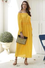 Cotton off-shoulder maxi dress, 'Marigold Muse' - Marigold Yellow Off-Shoulder Maxi Dress