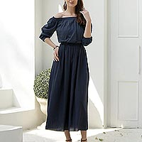 Cotton off-shoulder maxi dress, 'Midnight Muse'