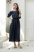 Cotton off-shoulder maxi dress, 'Midnight Muse' - Midnight Blue Cotton Maxi Dress from India thumbail