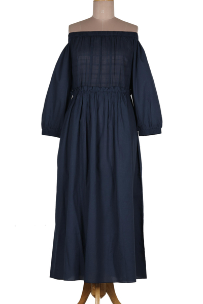 Cotton off-shoulder maxi dress, 'Midnight Muse' - Midnight Blue Cotton Maxi Dress from India