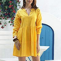 Vestido babydoll de algodón, 'Marigold Mischief' - Vestido babydoll corto de algodón en amarillo