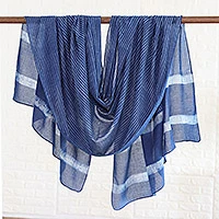 Cotton shawl, 'Dabu Blue' - Blue and White Mud Resist Striped Block Print Cotton Shawl