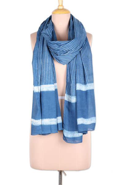 Cotton shawl, 'Dabu Blue' - Blue and White Mud Resist Striped Block Print Cotton Shawl