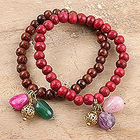 Beaded wood and quartz stretch bracelets, 'Delhi Kinship' (pair) - Beaded Wood Bracelets with Quartz and Brass (Pair)