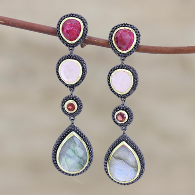 Multi-gemstone dangle earrings, 'Shifting Shades' - Colorful Faceted Multi-Gemstone Dangle Earrings
