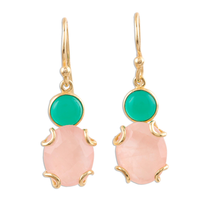 Gold plated onyx and quartz dangle earrings, 'Spring Palette' - Pink and Green Gemstone Earrings in 18k Gold Plated Sterling