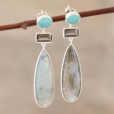 Multi-gemstone dangle earrings, 'Creative Allure' - Multi-gemstone Dangle Earrings from India