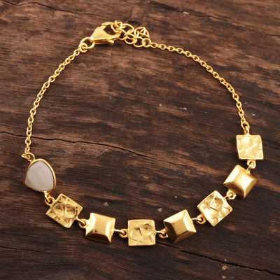 Gold plated rainbow moonstone link bracelet, 'Golden Plaza' - 18k Gold Plated Rainbow Moonstone Bracelet