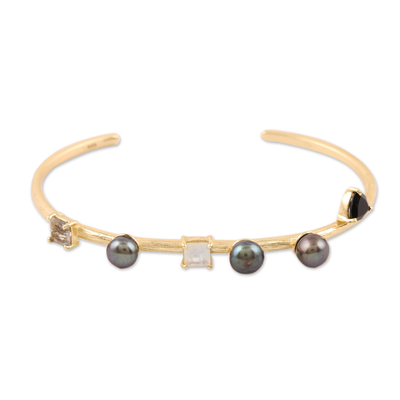 Gold plated multi-gemstone cuff bracelet, 'Style and Grace' - Gold Plated Multi-Gemstone Cuff Bracelet from India
