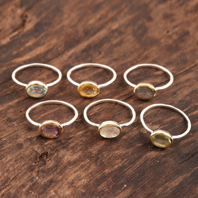Gemstone single-stone rings, 'Sparkling Sextet' (set of 6) - Gemstone Solitaire Rings from India (Set of 6)