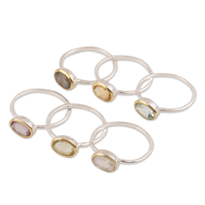 Multi-gemstone single-stone rings, 'Sparkling Sextet' (set of 6) - Multi-Gemstone Single-Stone Rings from India (Set of 6)