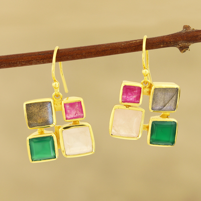 Gold plated multi-gemstone dangle earrings, 'Vibrant Frames' - Gold Plated Multi-Gemstone Square Dangle Earrings from India