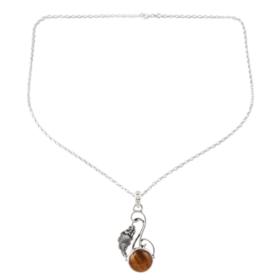 Tiger's eye pendant necklace, 'Honey Bud' - Modern Tiger's Eye and Sterling Silver Necklace from India
