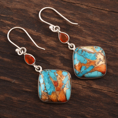 Carnelian dangle earrings, 'Colorful Kites' - Carnelian and Composite Turquoise Sterling Silver Earrings