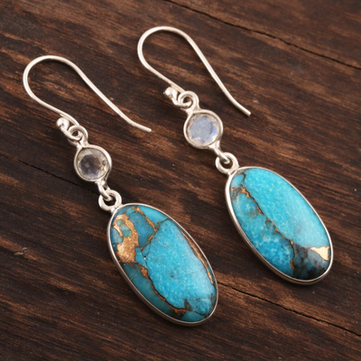 Rainbow moonstone dangle earrings, 'Celestial Light' - Rainbow Moonstone and Composite Turquoise Silver Earrings