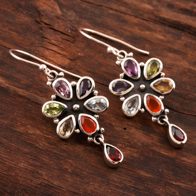 Multi-gemstone dangle earrings, 'Rainbow Bright' - Carnelian and Blue Topaz Sterling Silver Dangle Earrings