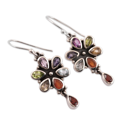 Multi-gemstone dangle earrings, 'Rainbow Bright' - Carnelian and Blue Topaz Sterling Silver Dangle Earrings