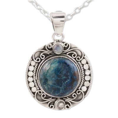 Quartz and rainbow moonstone pendant necklace, 'Deep Blue Beauty' - Indian Blue Quartz Silver Necklace with Rainbow Moonstone