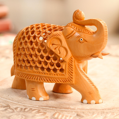 Wood jali sculpture, 'Enchanting Elephant' - Jali Style Wood Elephant Sculpture