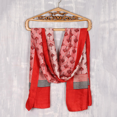 Pañuelo de seda - Bufanda de seda estampada a mano India en rojo sobre marfil
