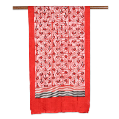 Silk scarf, 'Graceful Red Geometry' - India Hand Block-Printed Silk Scarf in Red on Ivory