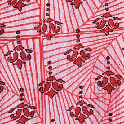 Silk scarf, 'Graceful Red Geometry' - India Hand Block-Printed Silk Scarf in Red on Ivory