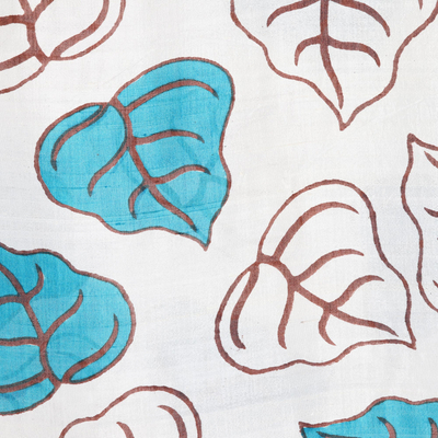 Silk scarf, 'Beautiful Betel Leaf' - India Block Print Ivory Silk Scarf with Brown and Turquoise