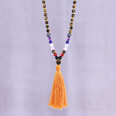 Multi-gemstone long pendant necklace, 'Fancy Orange Tassel' - Long Gemstone Necklace with an Orange Tassel Pendant