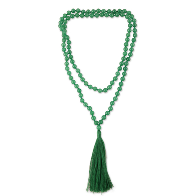 Onyx long necklace, 'Green Contemporary Chic' - Hand Knotted Green Quartz Long Tassel Necklace
